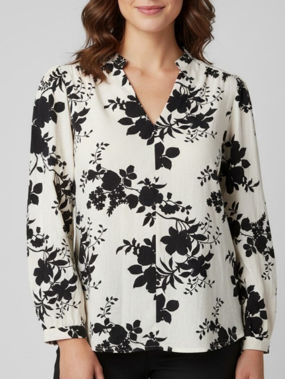 Women's Cream V-Neck Floral Blouse with Black Print